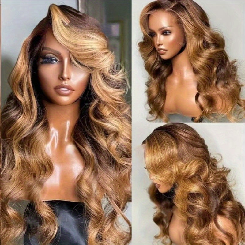 13x4 HD Transparent Lace Front Wig Brazilian Human Hair 4/27 Highlights Body Wave Curls 200% Density Glueless Wig for Women - Suitable for All Ethnicities & Light Beige Tones, Versatile Hairpiece | Elegant Hairpiece | Full Lu